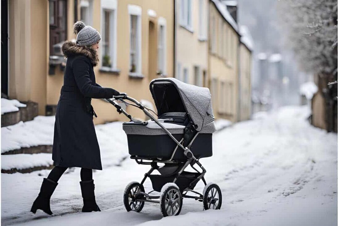 A mother pushing a pram