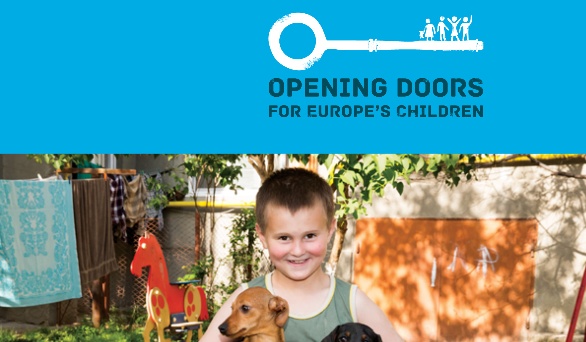 Report cover featuring a young boy wearing a green vest grinning and holding his dog, and text saying Opening doors for Europe's children