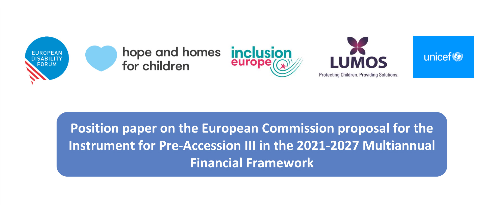 front cover of a report with Unicef, Lumos and Hope and Homes for Children logos and white text on blue background