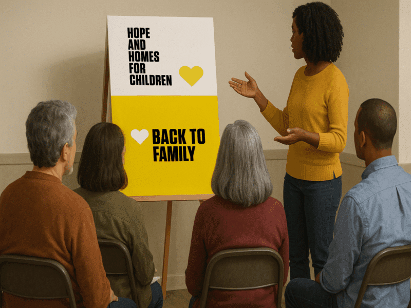 Speaker delivering a talk using a Hope and Homes for Children Presentation
